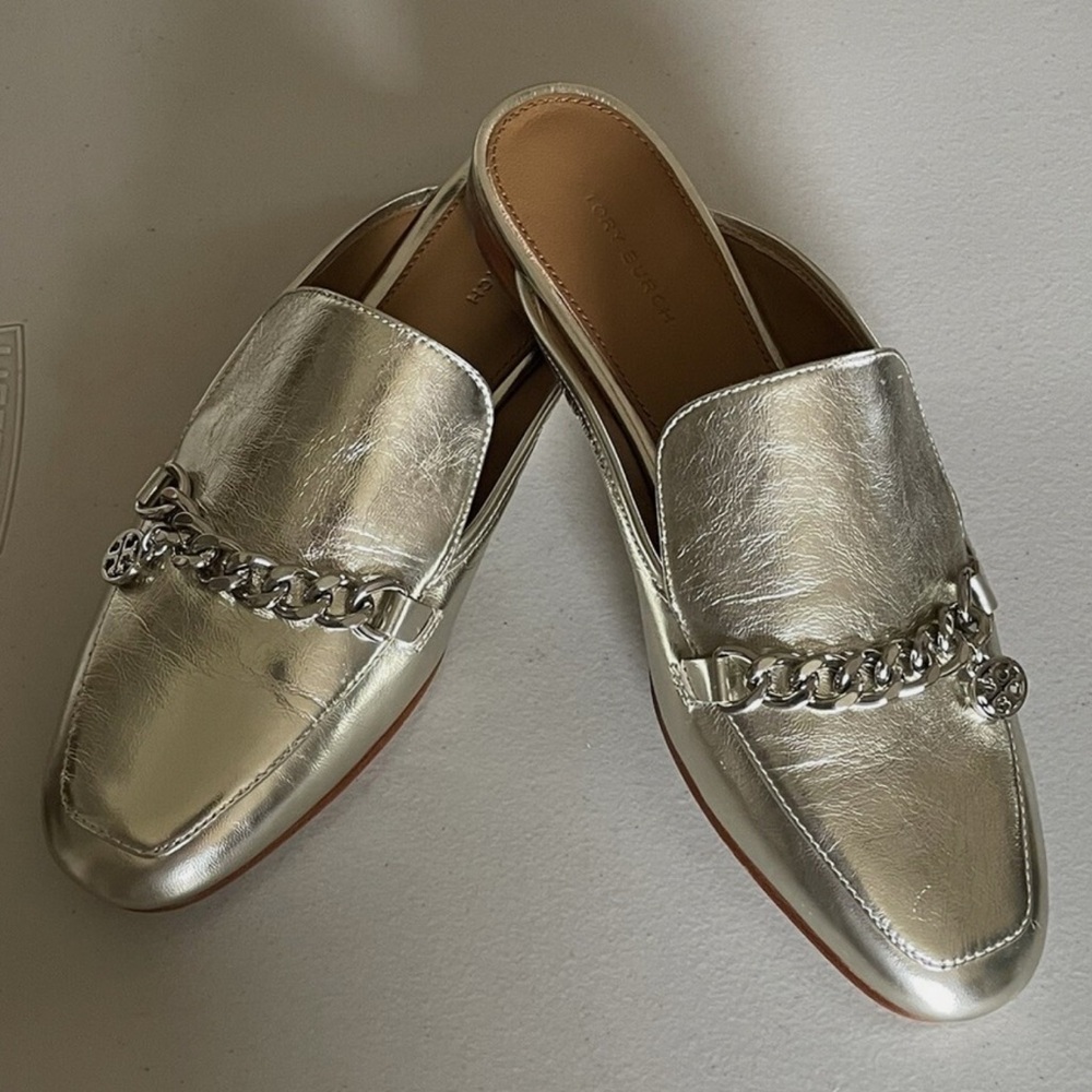 NEW Tory Burch Mini Benton Loafer Slide in Sparkly Gold / Silver